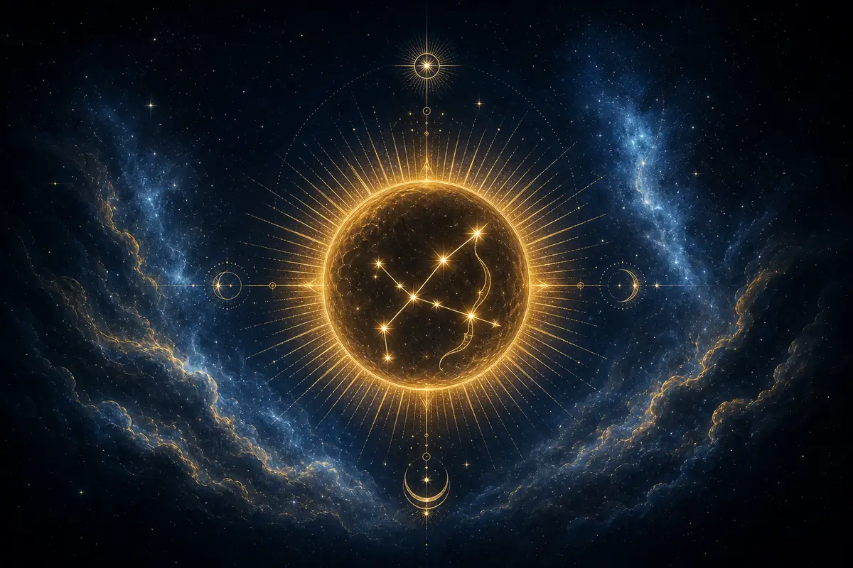 A golden archer's arrow arcing past the visible stars toward a distant bright core, symbolising Sagittarius aimed beyond the immediate horizon.