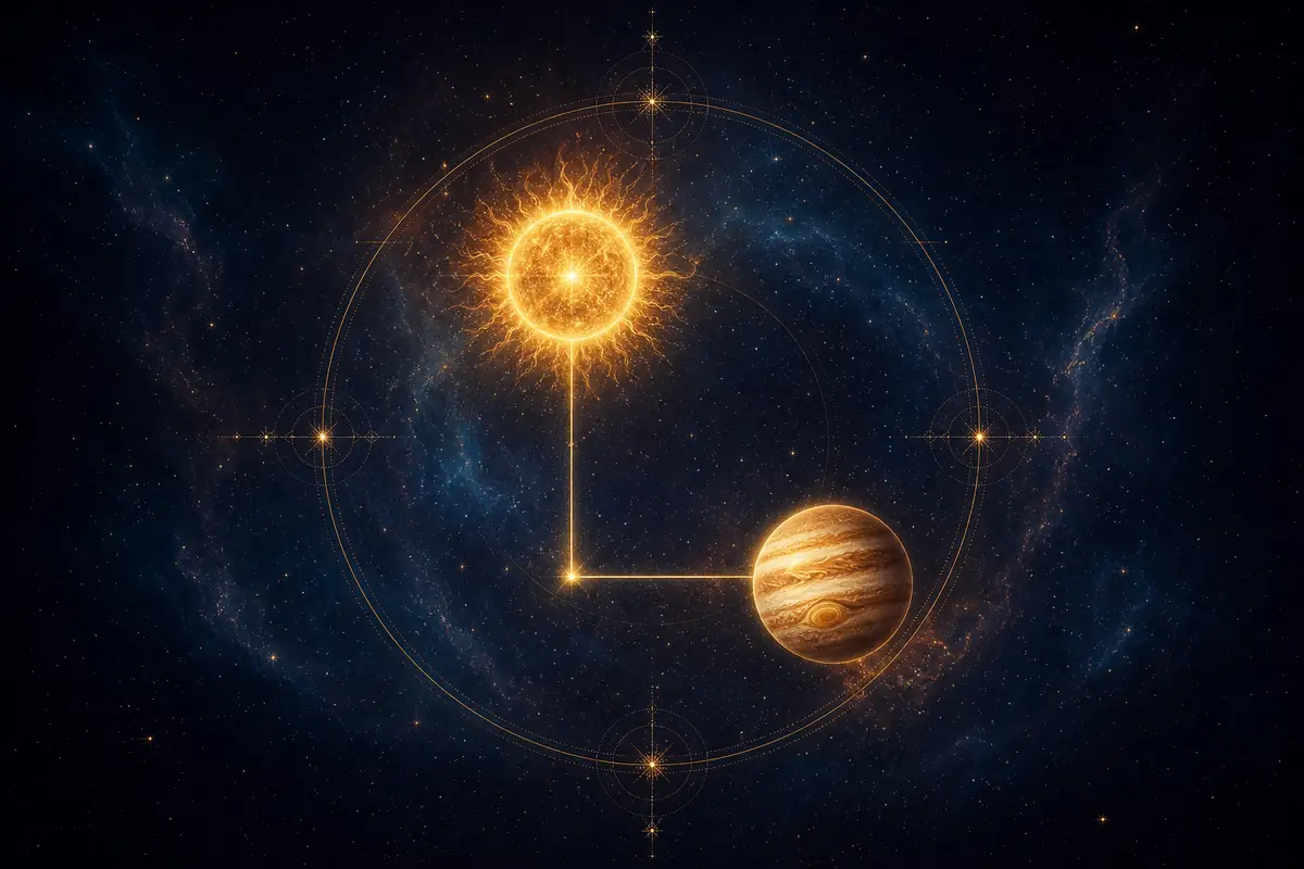 The Sun and Jupiter drawn in fine light at a right angle to one another, a golden disc and the large banded planet joined by a quarter of the zodiac wheel.