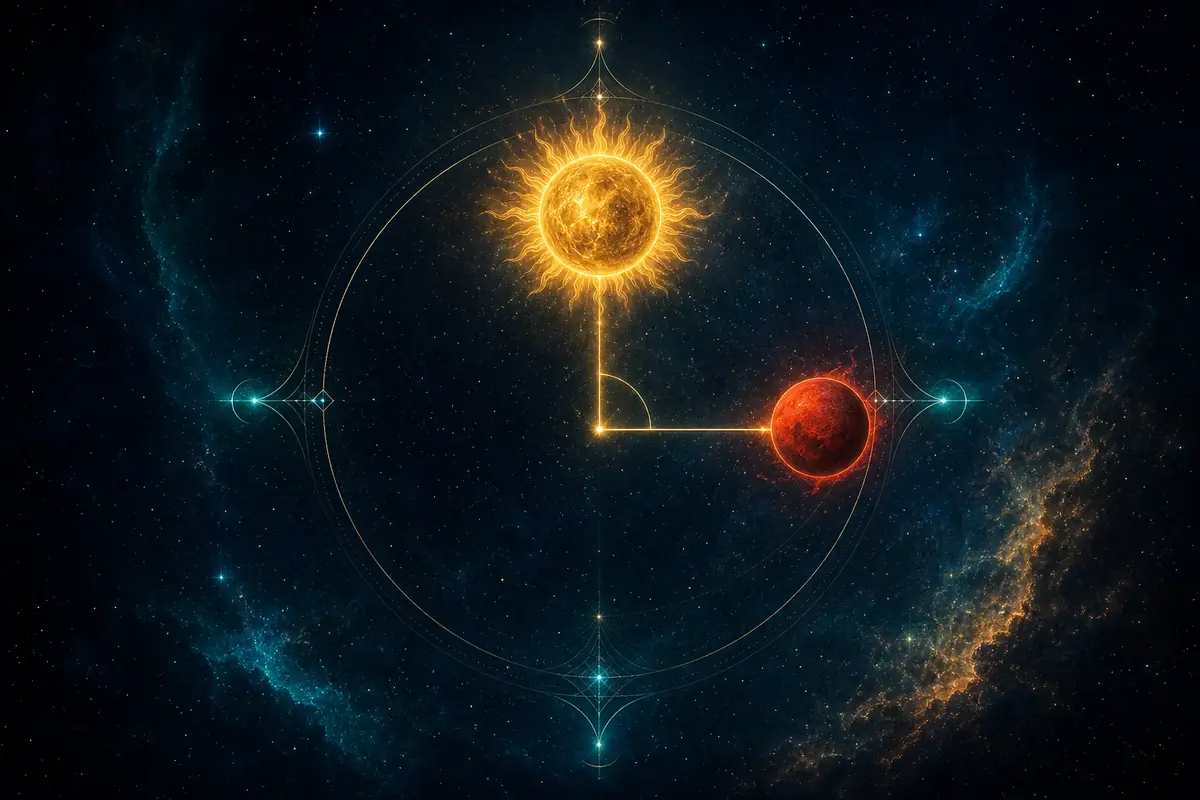 The Sun and Mars drawn in fine light at a right angle to one another, a golden disc and a red ember joined by a quarter of the zodiac wheel.