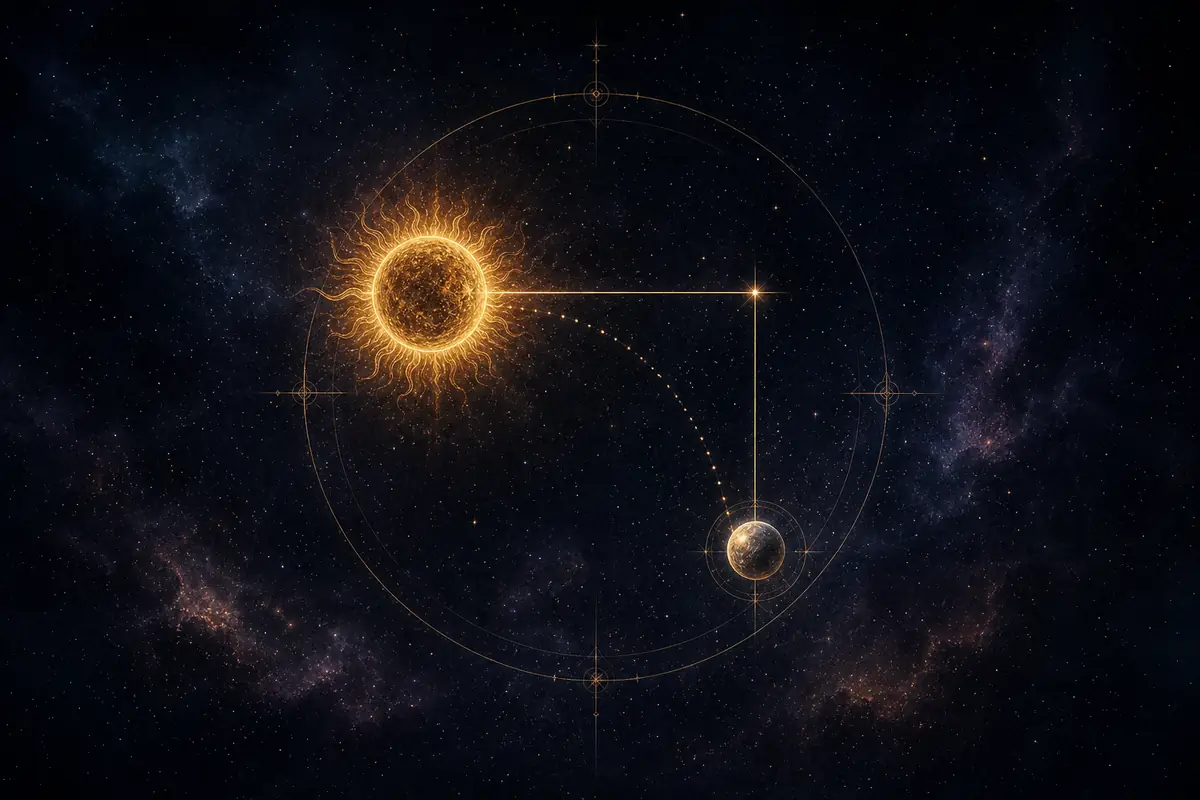 A small Mercury glyph tethered by a thin light line to a large Sun, with a dotted quarter-circle marking a square it can never reach.