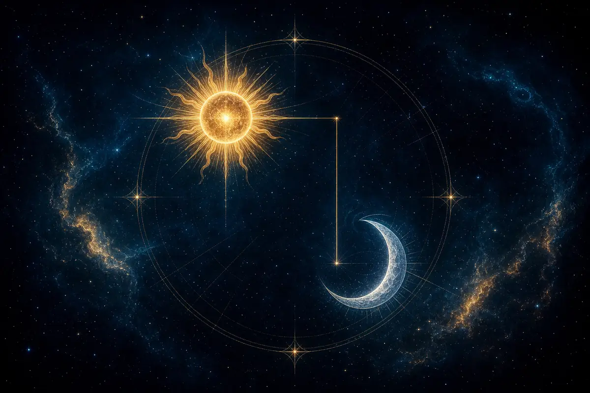 The Sun and the Moon drawn in fine light at a right angle to each other on a thin astrological circle.