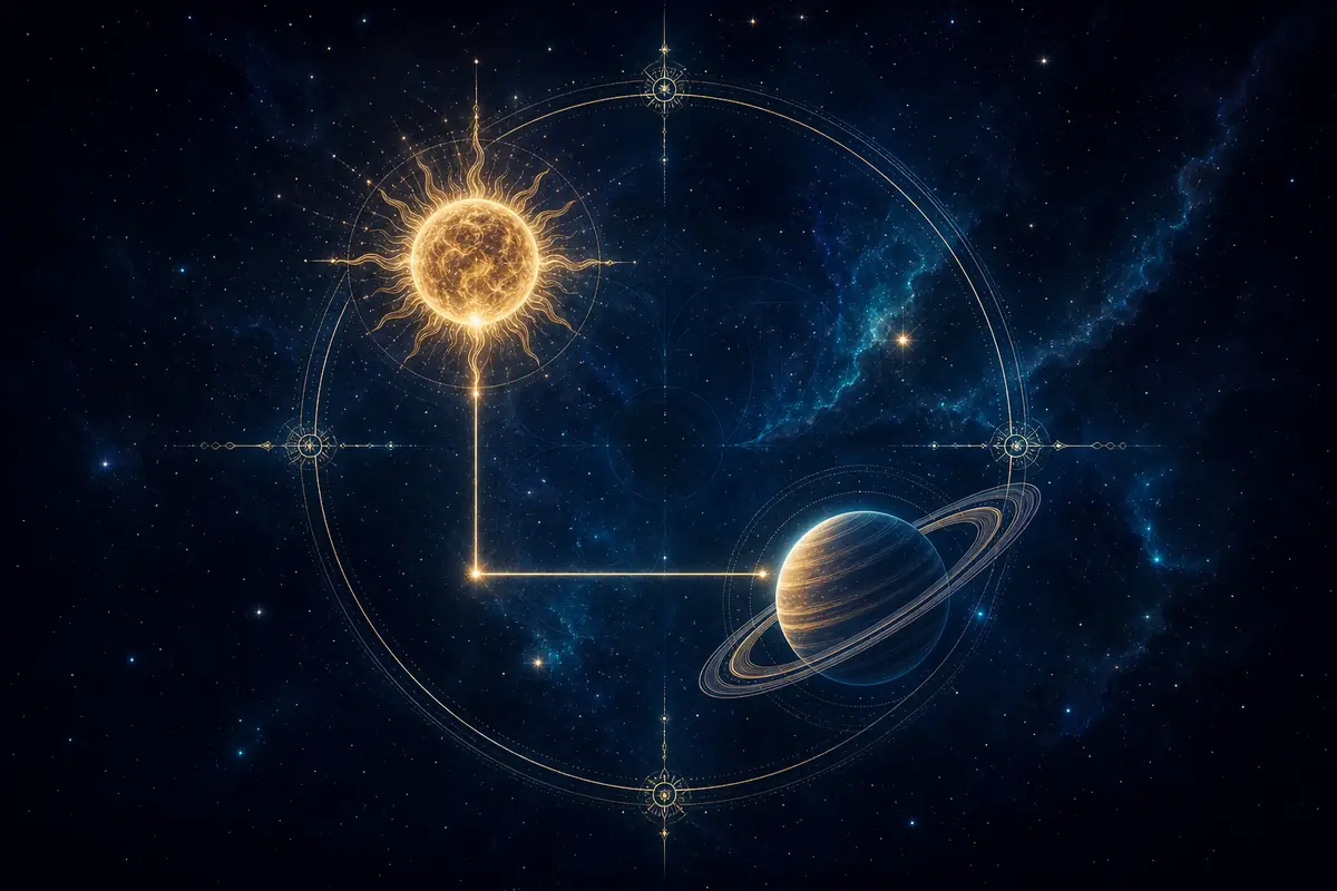 The Sun and Saturn drawn in fine light at a right angle to one another, a taut thread of light stretched between them.