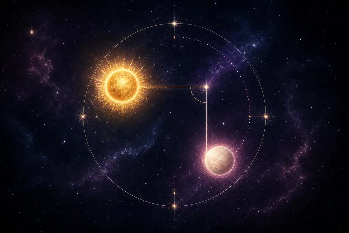 A Venus glyph at the end of a short arc from the Sun, stopping well short of a dotted ninety-degree quarter circle.