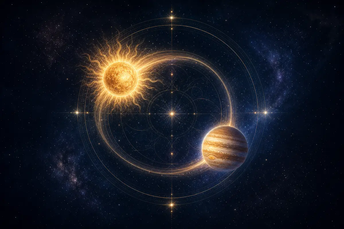 The Sun and Jupiter drawn in fine light a third of a circle apart, a soft arc of gold linking them across a dark field.