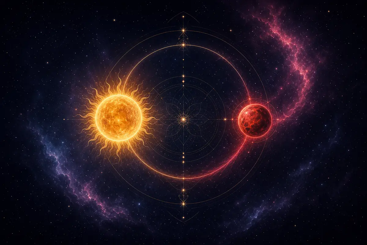 The Sun and Mars drawn in fine light a third of a circle apart, a golden disc and a red ember joined by a smooth arc of the zodiac wheel.