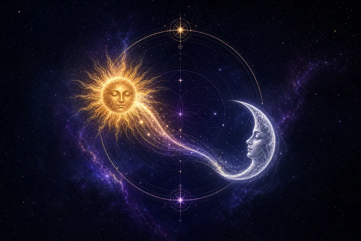The Sun and the Moon drawn in fine light a third of a circle apart, joined by a gentle line across a thin astrological wheel.
