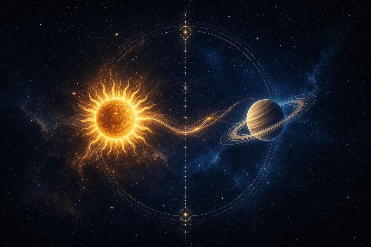 The Sun and Saturn drawn in fine light a third of a circle apart, a steady arc connecting them like a well-laid foundation.