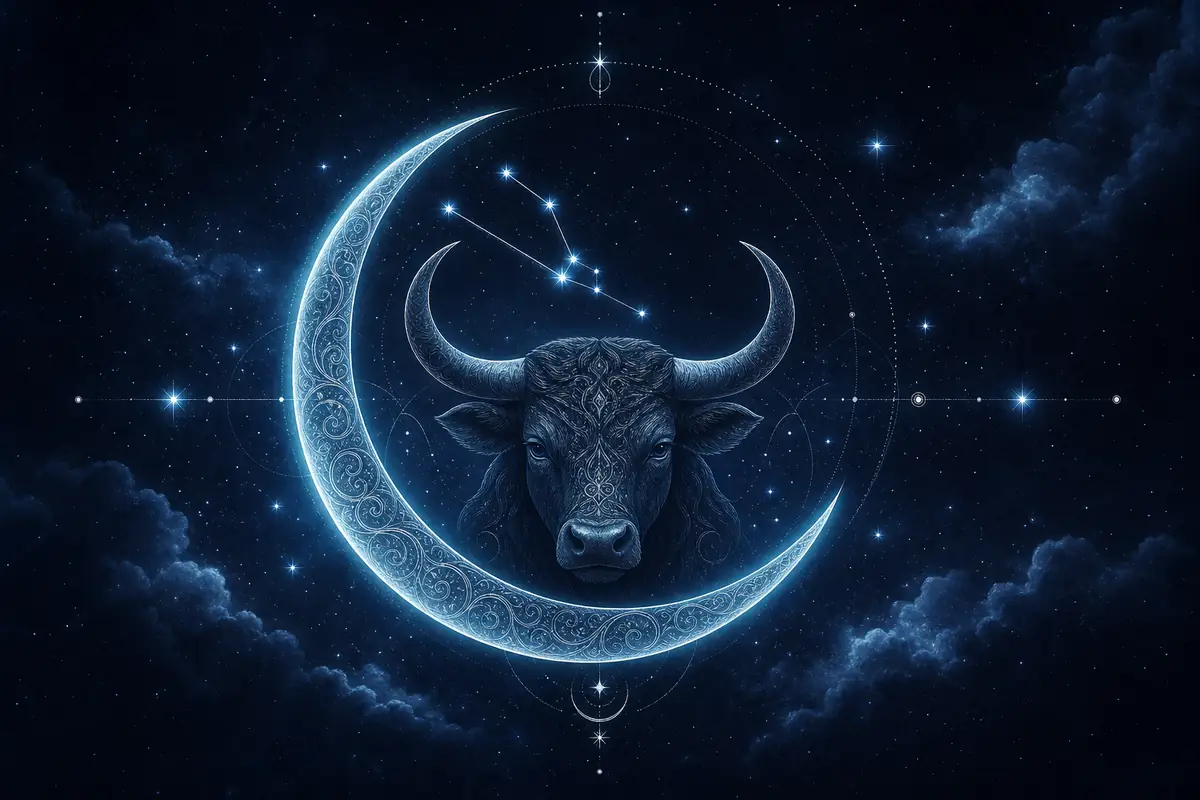 A serene bull resting in a lush meadow at golden hour, evoking the calm and grounded emotional world of a Taurus Moon.