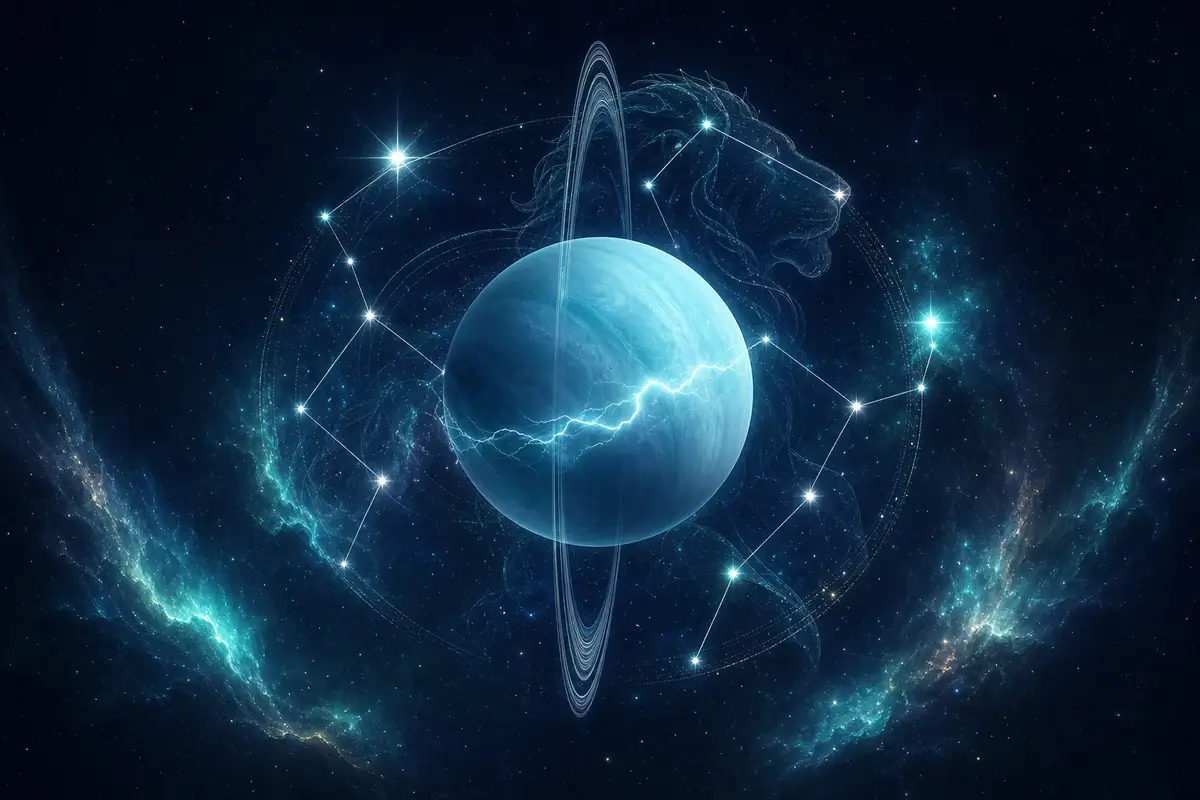 The planet Uranus tipped on its side with thin vertical rings and a fine thread of electric light, set within the Leo constellation.