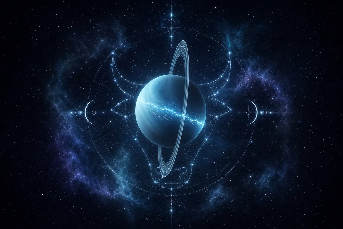 The planet Uranus tipped on its side with thin vertical rings and a fine thread of electric light, set within the Taurus constellation.