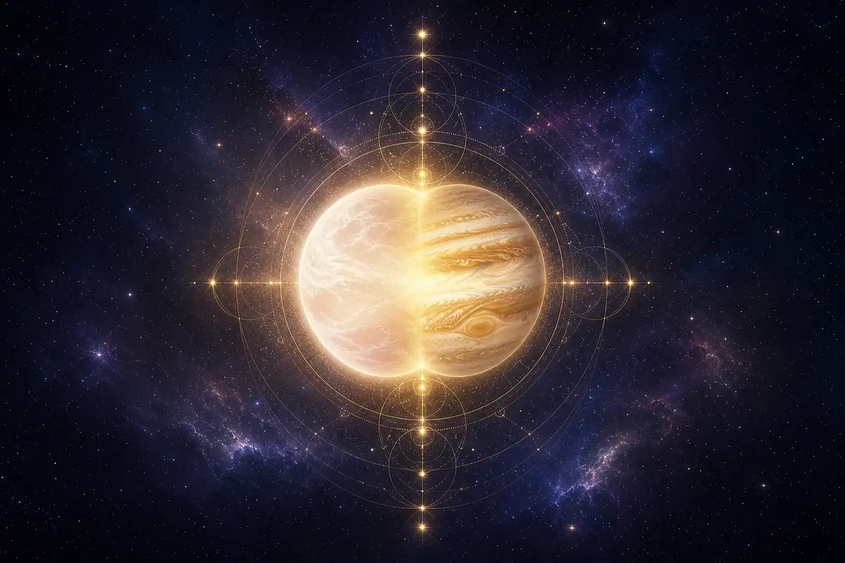 Venus and Jupiter drawn in fine light, merging into one bright point on a thin astrological circle.
