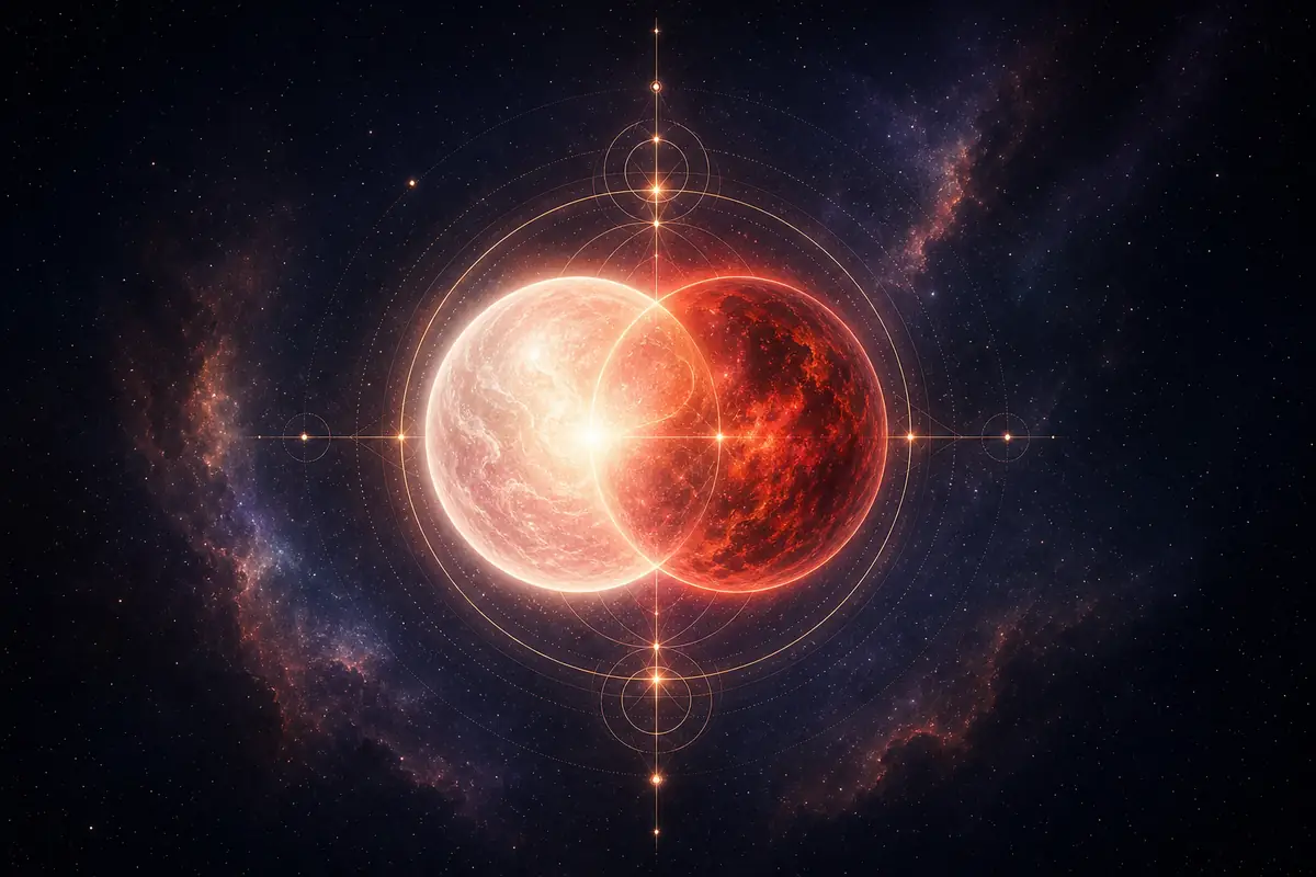 Venus and Mars drawn in fine light, overlapping at a single point on a thin astrological circle.