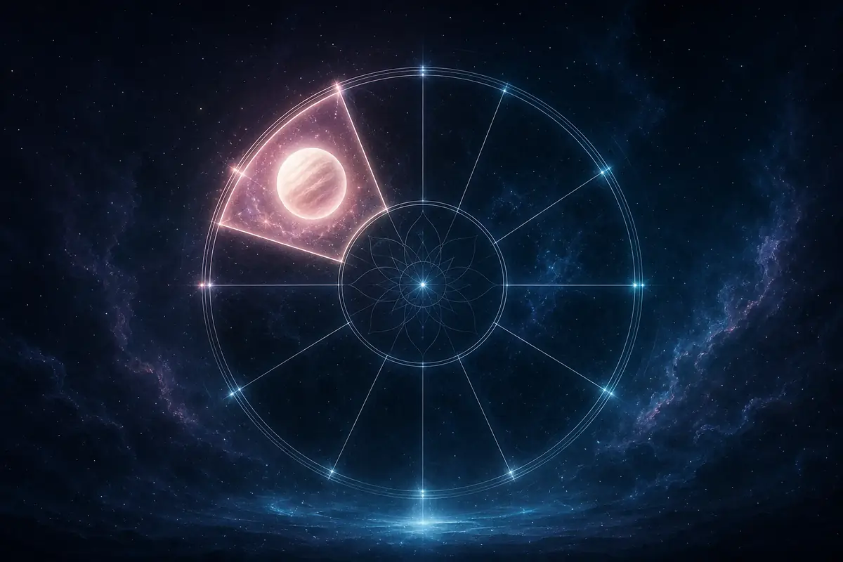A luminous pearl-white Venus with a soft rose glow, set in one lit segment of a twelve-part astrological wheel, the eleventh house of friends.