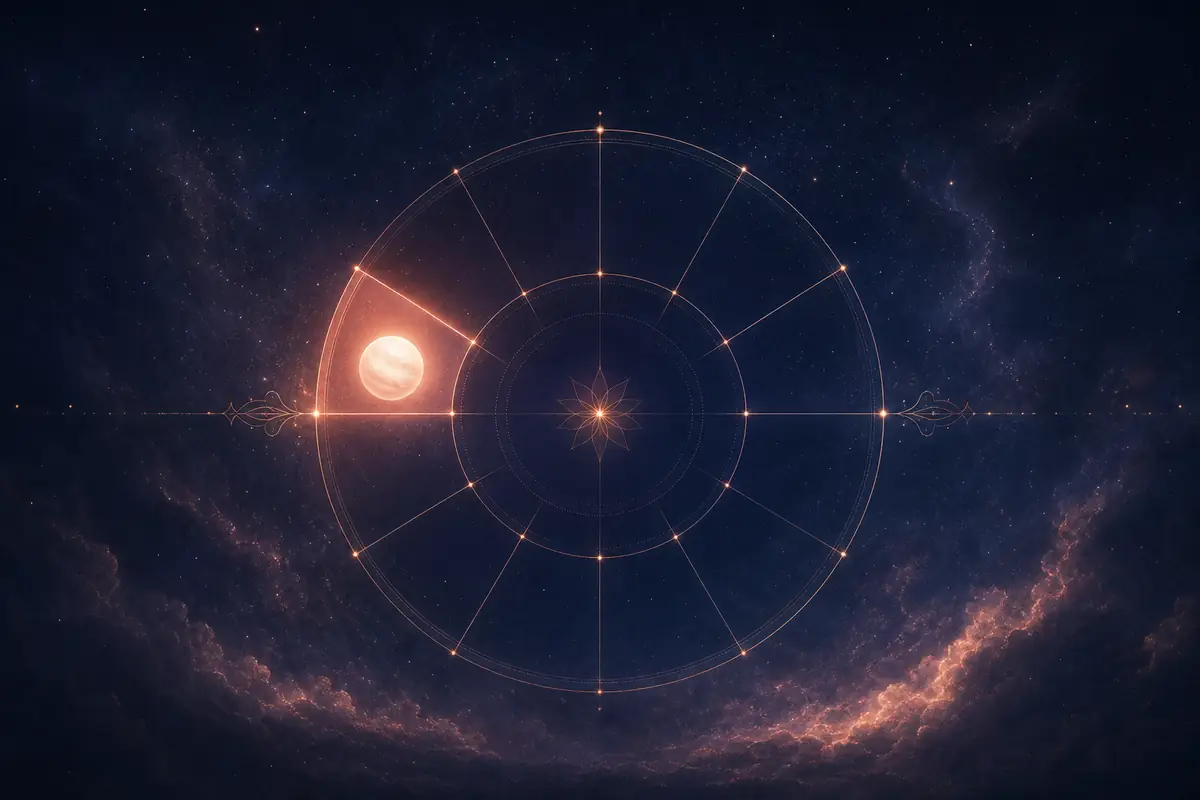 A luminous pearl-white Venus with a soft rose glow, set in one lit segment of a twelve-part astrological wheel, the twelfth house just before the Ascendant.