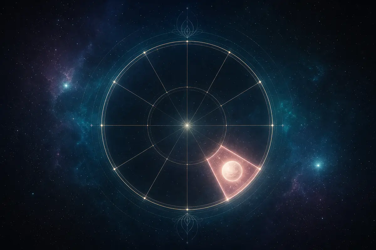 A luminous pearl-white Venus with a soft rose glow, set in one lit segment of a twelve-part astrological wheel — Venus in the house of pleasure and play.
