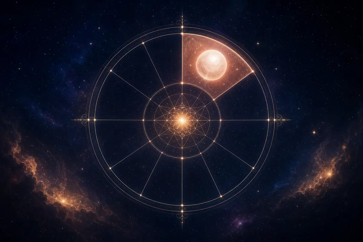 A luminous pearl-white Venus with a soft rose glow, set in one lit segment of a twelve-part astrological wheel — Venus in the house of shared resources and intimacy.