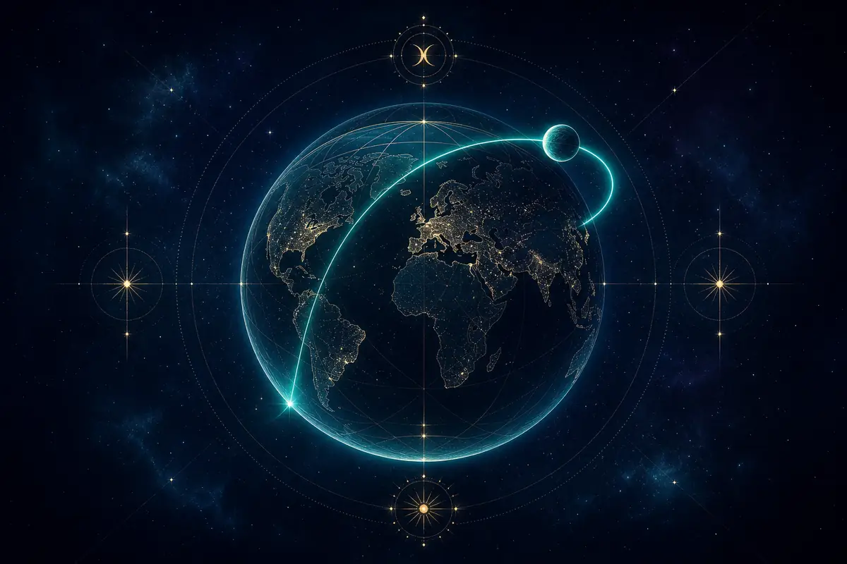 A rose-gold Venus line sweeping across a world map, evoking romance and abundance.