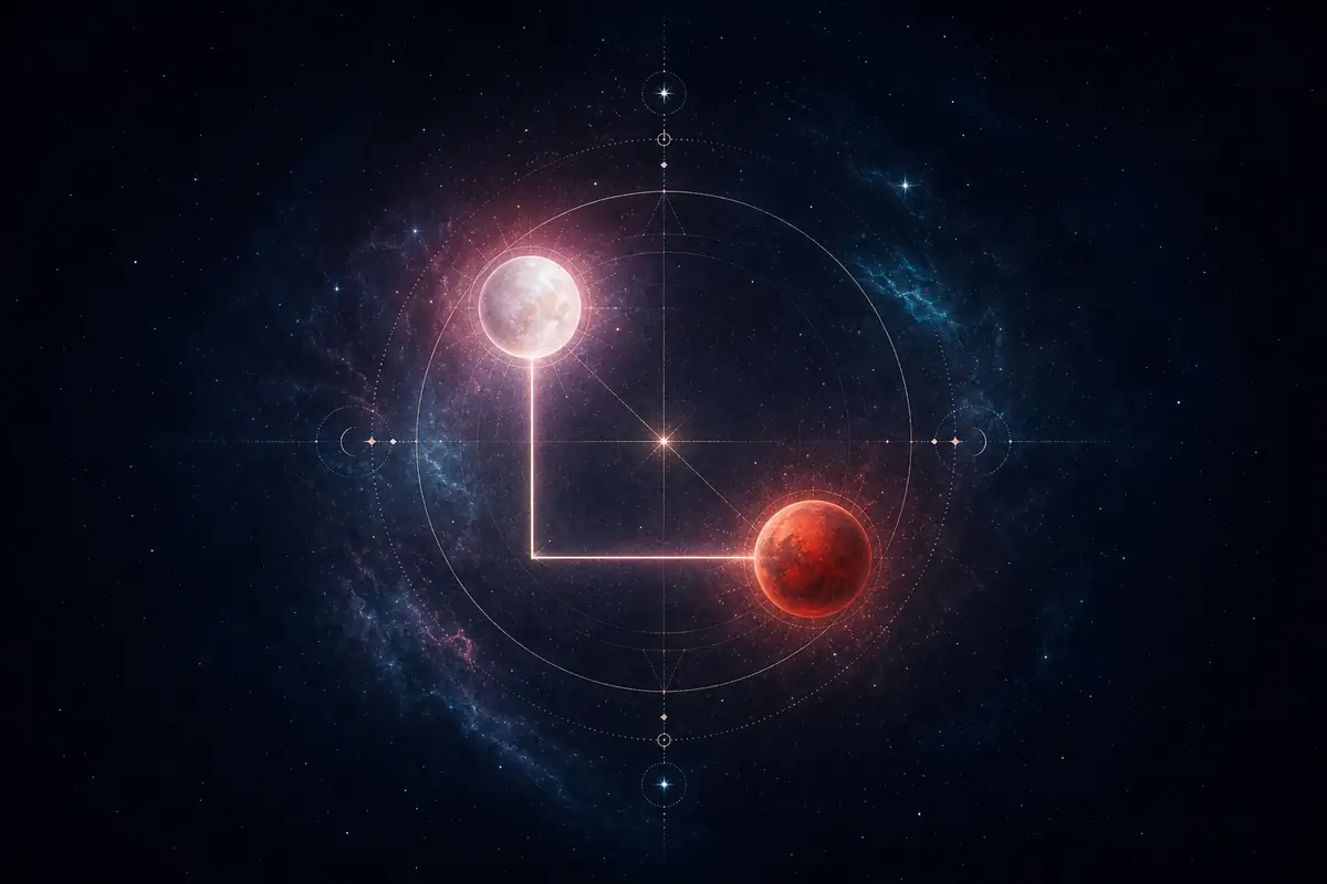 Venus and Mars drawn in fine light, joined by two lines that meet at a right angle on a thin astrological circle.